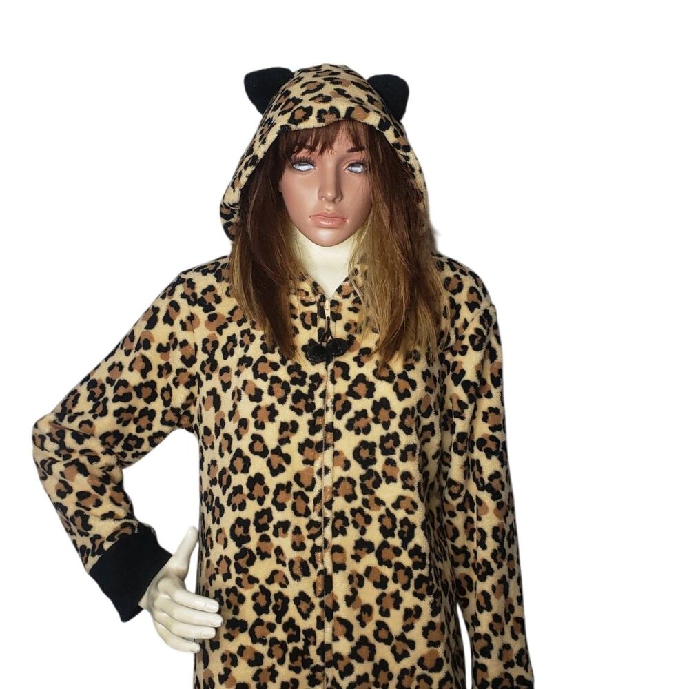 PJ Couture Leopard One Piece Zip Front PJs Pajamas Womens Size Large
